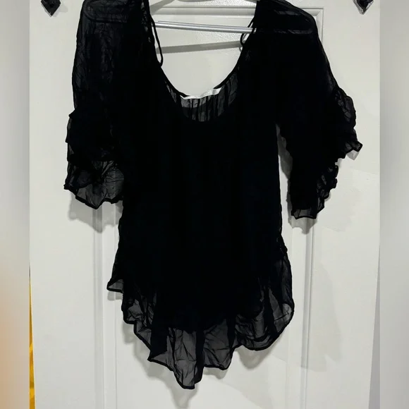 Zara Trafaluc Black Sheer Ruffle Hem Peasant Blouse Women’s Boho Top - Picture 4 of 4